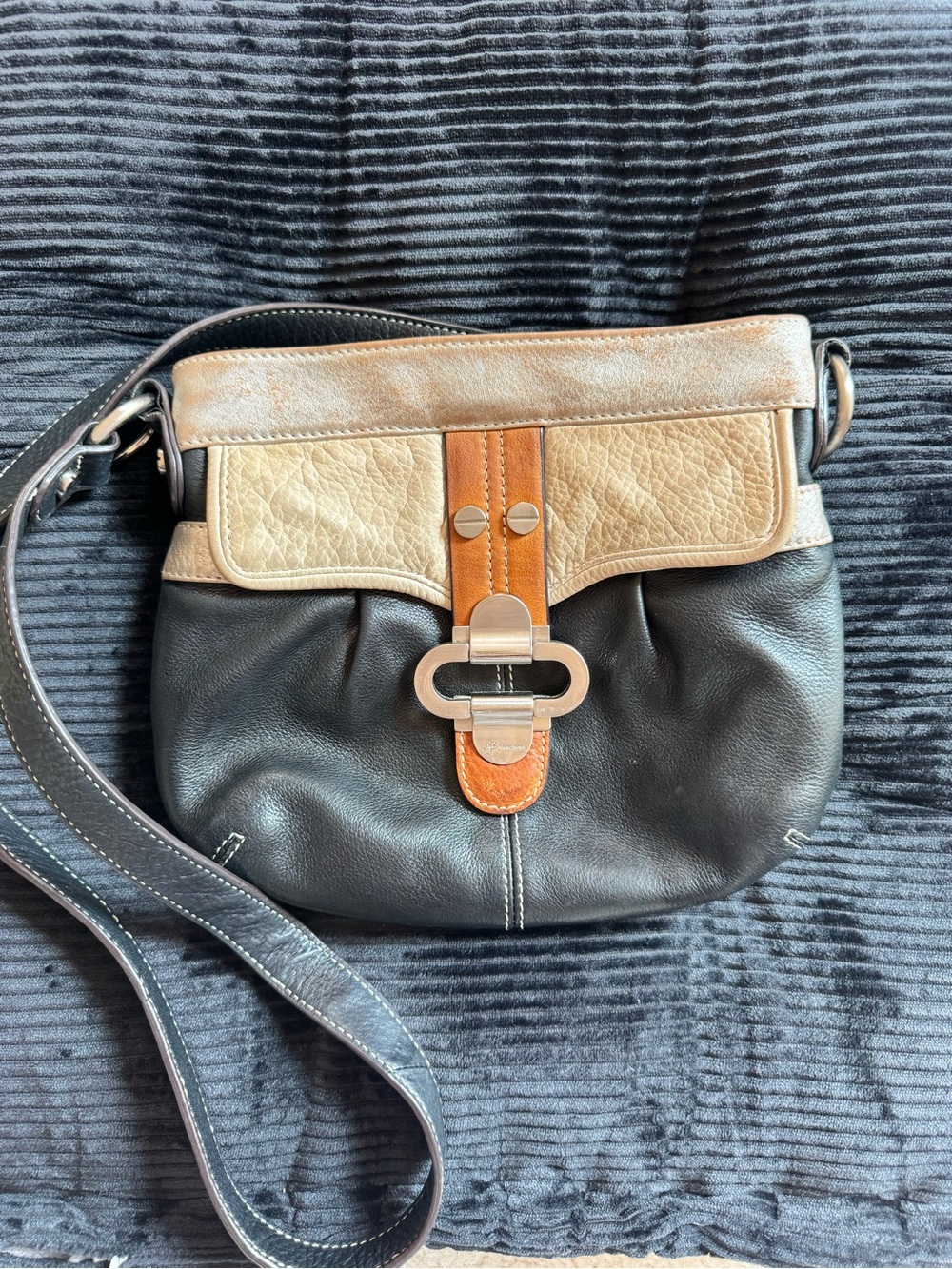 b. makowsky Black, Tan and Cream Leather Crossbody Bag